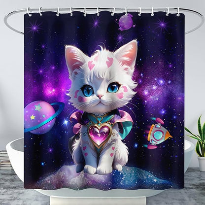 AILONEN Cartoon Cat Shower Curtain Set for Kids Boys Girls, Kawaii Love Kitten Shower Curtain for Bathroom,Galaxy Planet Washable Fabric Shower Curtain with Hooks,36" W*72" H