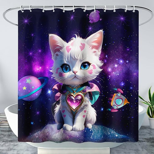 AILONEN Cartoon Cat Shower Curtain Set for Kids Boys Girls, Kawaii Love Kitten Shower Curtain for Bathroom,Galaxy Planet Washable Fabric Shower Curtain with Hooks,36" W*72" H