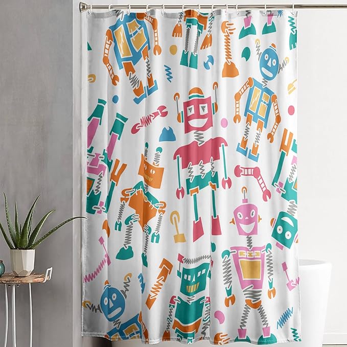 AILONEN Robots Shower Curtain,Modern Cartoon Super Robot Pattern Bathroom Decor for Boys Girls Teens Kids, 72" W*78" H Watercolor Robot Shower Curtain Set