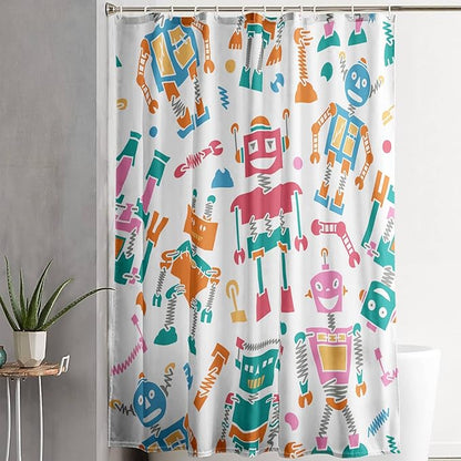 AILONEN Robots Shower Curtain,Modern Cartoon Super Robot Pattern Bathroom Decor for Boys Girls Teens Kids, 72" W*96" H Watercolor Robot Shower Curtain Set