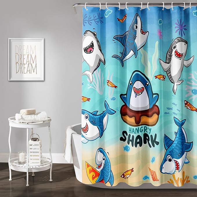AILONEN Cartoon Shark Shower Curtain,Kawaii Donut Shark with Marine Life Bath Curtain Set for Kids Girls Boys,Fish Seaweed Fabric Shower Curtains for Bathroom, 60" W*72" H