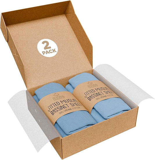 Bassinet Fitted Sheets - Compatible with Graco Travel Lite Crib, Sense2Snooze, My View 4 in 1, Dream Suite and Guava Bassinet | 100% Organic Muslin Cotton - Light Blue + Dark Blue | 30x20 (2 Pack)