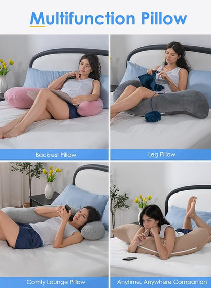 QUEEN ROSE Extra Soft Body Pillow, Full Body Support Pillow for Side Sleepers, Comfy S Shaped Hug Pillow for Adults, with Removable Pillowcase, Dark Grey