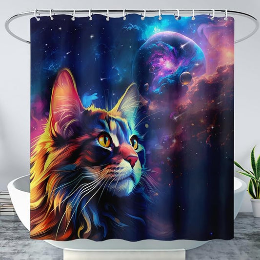 AILONEN Cat Shower Curtains for Kids,Galaxy Cat Curtains Gifts for Cat Lover,Animal Theme Bath Curtains for Bathroom Decor,72" W*78" H Polyester Waterproof with 12 Plastic Hooks