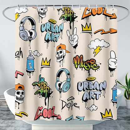 AILONEN Hip-Hop Skull Shower Curtains,Graffiti Music Bath Curtains,Printed Rock Curtains,Polyester Waterproof with 12 Hooks for Bathroom 48" W*72" H