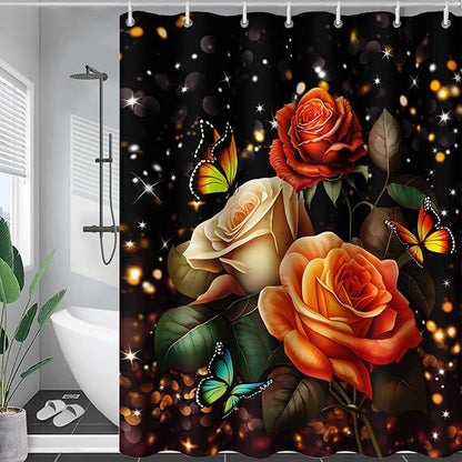 AILONEN Rose Flower Shower Curtain for Bathroom, Glitter Starry Flower Print Bath Curtain,Modern Botanical Floral Butterfly Waterproof Shower Curtain Decoration with 12 Plastic Hooks, 72" W*78" H