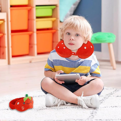 Kids Neck Pillow for Travel with Sleep Eye Mask, Cute Travel Neck Pillow, Memory Foam Flight Sleeping Headrest Pillow for Boys & Girls, Airplane, Train, Car, Home Use - Red Strawberry