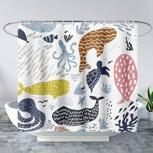 AILONEN Cartoon Dolphin Shower Curtain for Kids 36" W*72" H Inch,Colorful Whales Octopuses Pattern Shower Curtain,Marine Life Theme 12 Pack Hooks Polyester Waterproof Fabric Decor for Bathroom