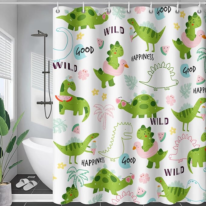 AILONEN Dinosaur Shower Curtain for Boys, Cute Green Kids Bath Curtain 72" W*84" H,Tropical Leaves Funny Dinosaur Curtain with 12 Plastic Hooks