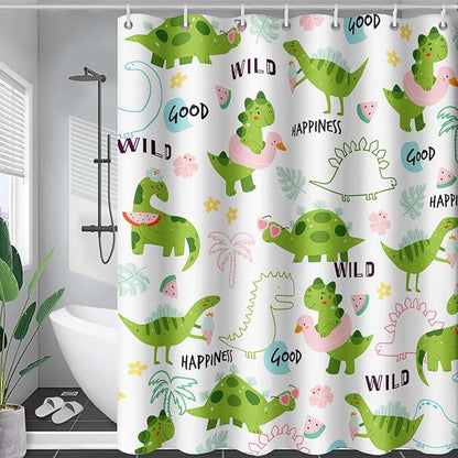 AILONEN Dinosaur Shower Curtain for Boys, Cute Green Kids Bath Curtain 72" W*84" H,Tropical Leaves Funny Dinosaur Curtain with 12 Plastic Hooks
