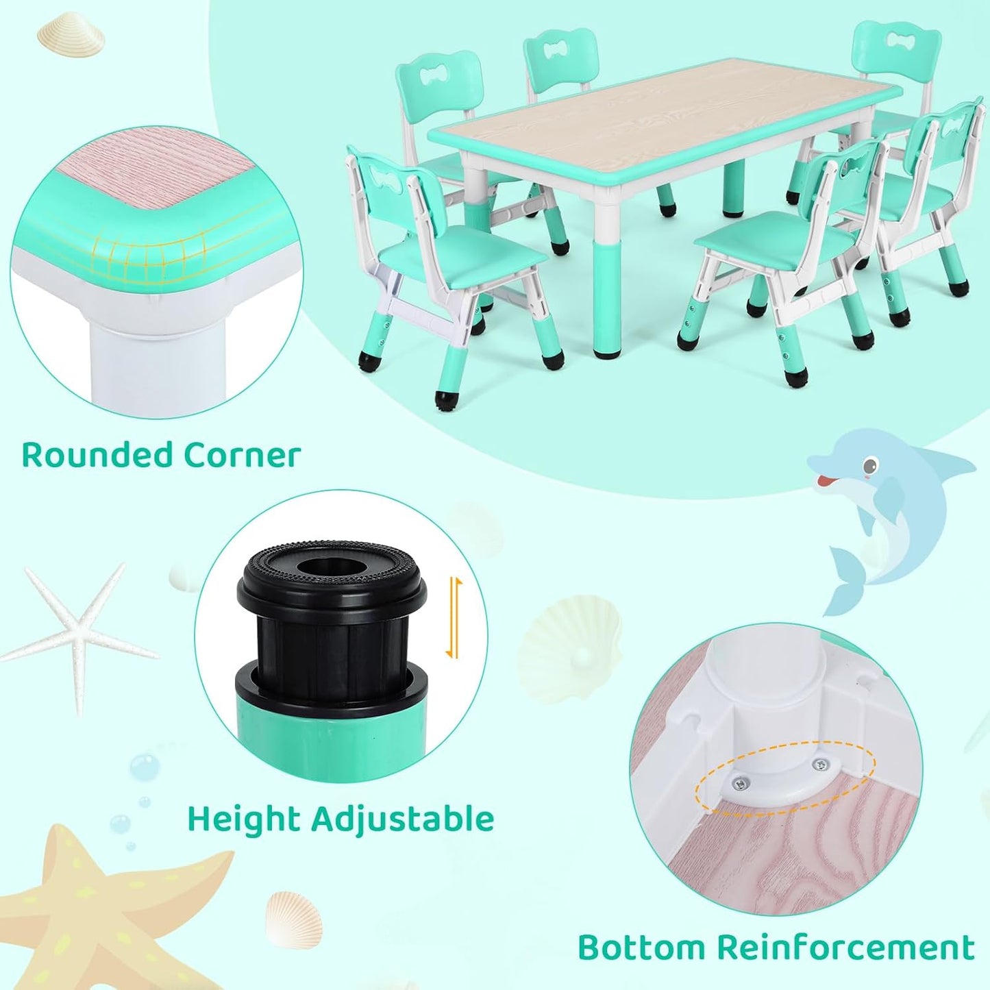 Kids Table and 6 Chairs Set, Height Adjustable Graffiti Desk, Preschool Activity Art Craft Table, for Daycare Classroom Home Boys and Girls Age 3-12 (Light Green)