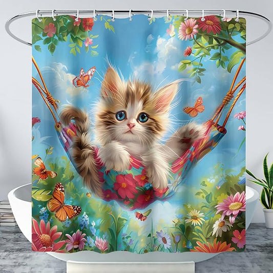 AILONEN Kawaii Cat Shower Curtain Set, Swing Cat with Butterfly Waterproof Fabric Shower Curtain for Kids Boys Girls,Cartoon Pet Cats Cloth Bath Curtain,36" W*72" H