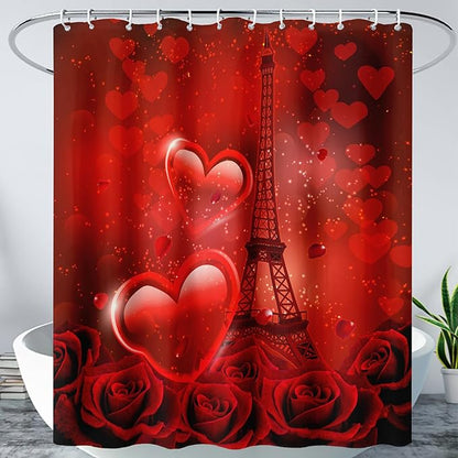 AILONEN Red Rose Shower Curtain for Bathroom, Romantic Eiffel Tower Love Hearts Printed Bathroom Curtain,60" W*72" H Polyester Waterproof Bath Curtain with 12 Hooks