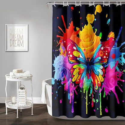 AILONEN Butterfly Shower Curtain for Bathroom, 3D Oil Painting Butterfly Bath Curtain,Colorful Butterfly Rose Flower Decoration Waterproof Black Curtain with 12 Plastic Hooks, 72" W*84" H