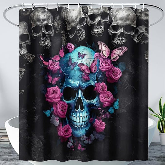 AILONEN 3D Skull Shower Curtain,Oil Ren Rose with Skeleton Design Shower Curtain Set with Hooks for Boys Girls Teens,Gothic Skull Waterproof Fabric Shower Curtain for Bathroom,60" W*72" H