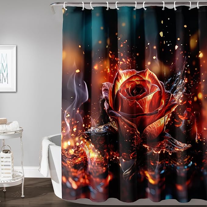 AILONEN 3D Rose Shower Curtain for Bathroom, Romantic Flame Smoky Rose Flower Bath Curtain,Burning Rose Shower Curtain Decoration Waterproof with 12 Plastic Hooks, 72" W*84" H