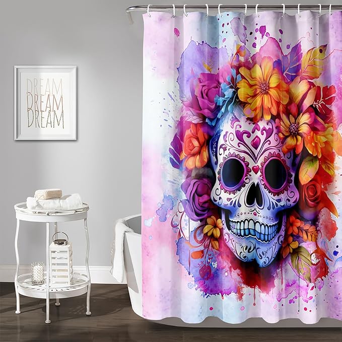 AILONEN Sugar Skull Shower Curtain for Bathroom,Pink Purple Graffiti Flower Art Bathroom Curtain for Kids Girls Teen,Bath Curtain 48" W*72" H Polyester Waterproof Bathroom Curtain with 12 Hooks