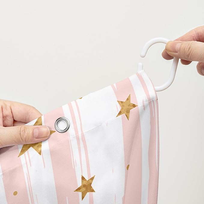 AILONEN Stars Shower Curtain, Pink Striped and Gold Stars Waterproof Shower Curtain,Simple Vintage Style Shower Curtain Liner for Girls Women Adults,72" W*72" H