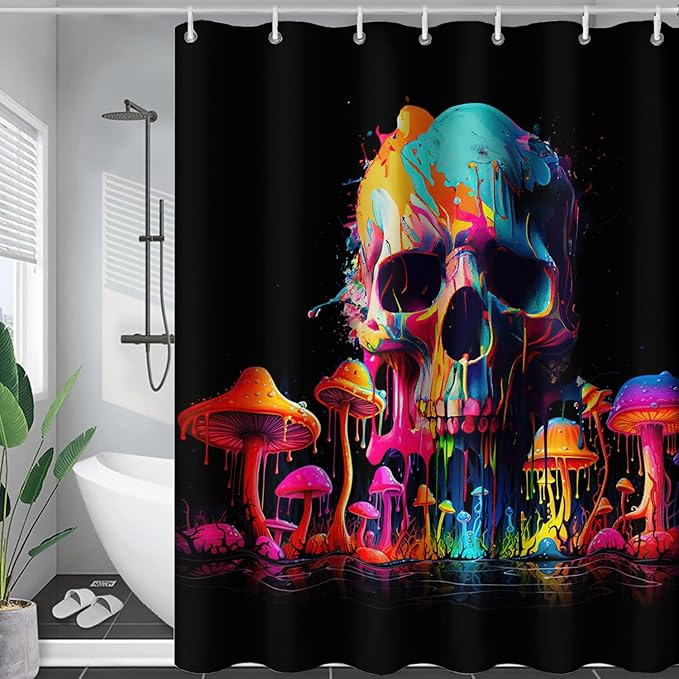 AILONEN Mushroom Skull Shower Curtain for Bathroom, 3D Oil Painting Mushroom Skull Bath Curtain for Kids Boys Girls,Modern Abstract Print Waterproof Black Curtain with 12 Plastic Hooks, 72" W*84" H
