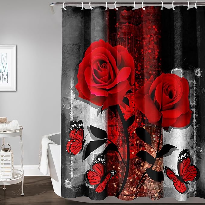 AILONEN Red Rose Shower Curtain for Bathroom, Romantic Rose Flower Bath Curtain,Grey Abstract Waterproof Floral Butterfly Print Shower Curtain Decoration with 12 Plastic Hooks, 72" W*78" H