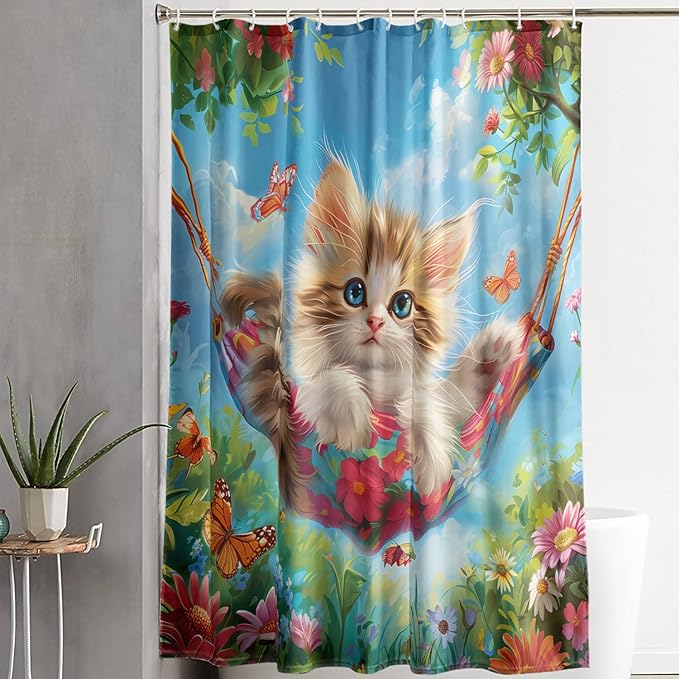 AILONEN Kawaii Cat Shower Curtain Set, Swing Cat with Butterfly Waterproof Fabric Shower Curtain for Kids Boys Girls,Cartoon Pet Cats Cloth Bath Curtain,36" W*72" H