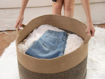 24" x 24" x 17" Max Size Large Cotton Rope Basket, Extra Large Storage Basket, Woven Laundry Hamper, Cloth Storage Bin, for Blankets Clothes Towels Pillows in Living Room, Jute/Black Mix