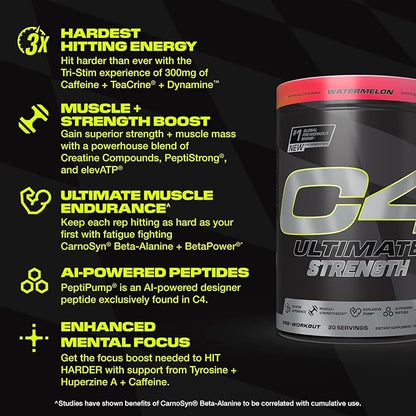 Cellucor C4 Ultimate Strength Pre Workout Powder - Tri-Stim Experience 300mg Caffeine+TeaCrine+Dynamine - Creatine & Beta-Alanine - Energy Supplement for Men & Women - Watermelon, 20 Servings