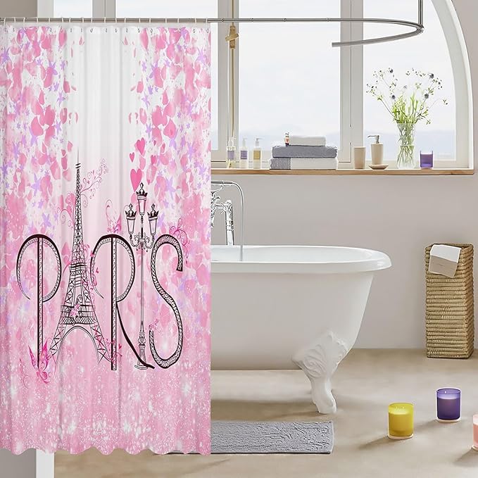 Feelyou Eiffel Tower Shower Curtain 72"x84" Kids Romantic Paris Bathroom Shower Curtain Set for Boys Girls Teens Pink Butterfly Bath Curtain Modern French Botanical Floral Print Bathroom Accessories