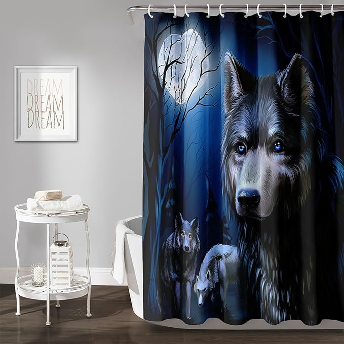 AILONEN Cool Wolf Shower Curtain,Evening Moon Wolf Bath Curtain for Bathroom Decor,Polyester Waterproof for Shower,72" W*96" H with 12 Plastic Hooks