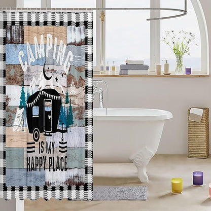 Feelyou Happy Camping Shower Curtain Camper Fabric Shower Curtain for Kids Boys Girls Rustic Farmhouse Style Bathroom Waterproof Accessories with 12 Hooks Vintage Barn Door Curtains,72X84 Inches