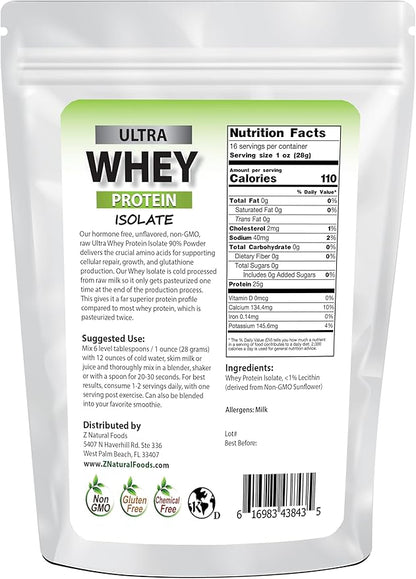 Z Natural Foods Ultra Whey Protein Isolate Powder - Pure, Unflavored, Unsweetened Whey Protein Powder - Flavorless Whey Isolate with Vital Proteins for Fitness, Sports Nutrition, Immune Support, 1 lb