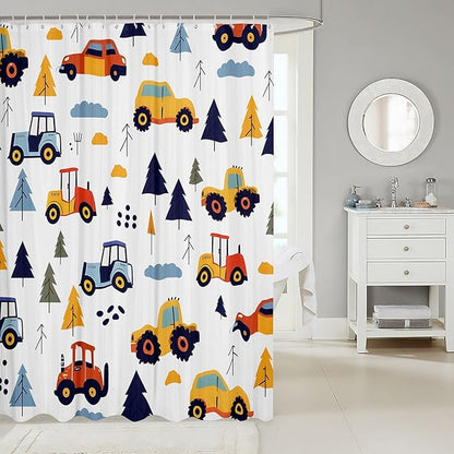 Feelyou Excavator Shower Curtain Cartoon Car Bathroom Shower Curtain Set Construction Vehicles Bath Curtain for Kids Boys Girls Equipment Trucks Kids Bathroom Accessories 72"x78"