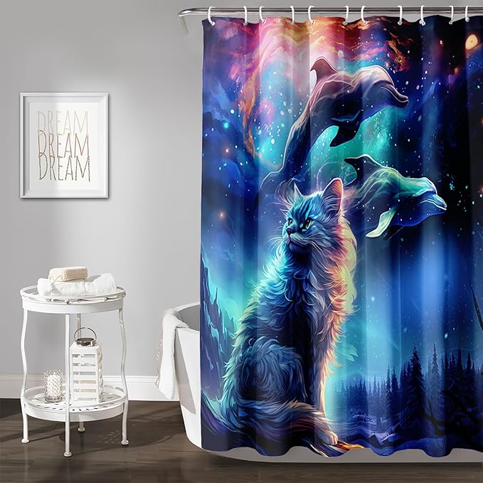 AILONEN 3D Kawaii Cat Shower Curtain Set,Cat Lovers Animal Waterproof Fabric Bath Curtain for Kids Girls,Jumping Dolphin Shower Curtain,Starry Night Shower Curtains for Bathroom Decor, 72" W*78" H