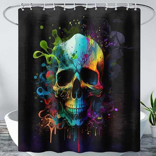 AILONEN Sugar Skull Shower Curtain for Bathroom,Watercolor Skull Bath Curtain Decoration,Minimalism Tie Dye Skeleton Print Waterproof Black Curtain with 12 Plastic Hooks, 60" W*72" H