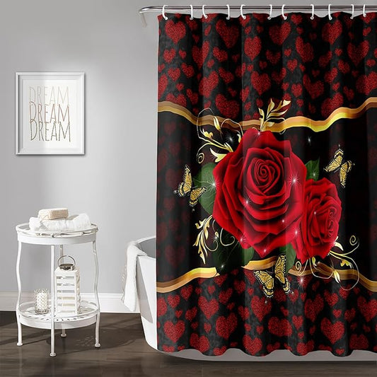 AILONEN Red Rose Shower Curtain for Bathroom, Romantic Flower Rose 3D Printed Valentine Wedding Bathroom Decor Hearts Curtain,48" W*72" H Polyester Waterproof Bath Curtain with 12 Hooks