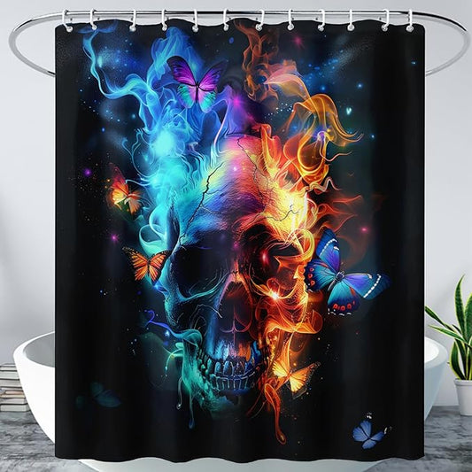 AILONEN Sugar Skull Shower Curtain for Bathroom,Blue and Red Smoky Skull Bath Curtain Decoration,Starry Butterfly Skull Skeleton Print Waterproof Shower Curtain with 12 Plastic Hooks, 48" W*72" H