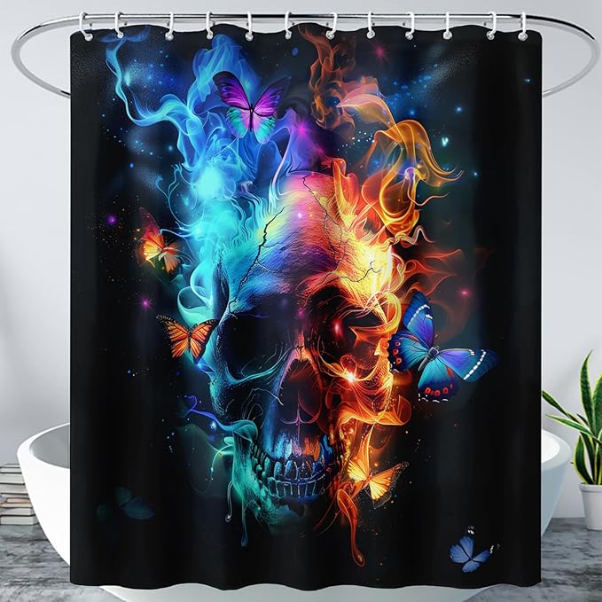 AILONEN Sugar Skull Shower Curtain for Bathroom,Blue and Red Smoky Skull Bath Curtain Decoration,Starry Butterfly Skull Skeleton Print Waterproof Shower Curtain with 12 Plastic Hooks, 72" W*84" H