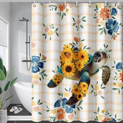 AILONEN Sea Turtle Shower Curtain for Bathroom, Sunflower Turtle Bathroom Curtain,Ocean Turtle Floral Grid Bath Curtain 60" W*72" H Polyester Waterproof Bathroom Curtain with 12 Hooks