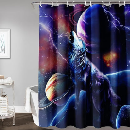 AILONEN Howling Wolf Shower Curtain,Lightning Planet Wolf Bath Curtain for Kids Boys Girls,Wildlife Animal Polyester Waterproof for Shower with 12 Plastic Hooks 72" W*72" H