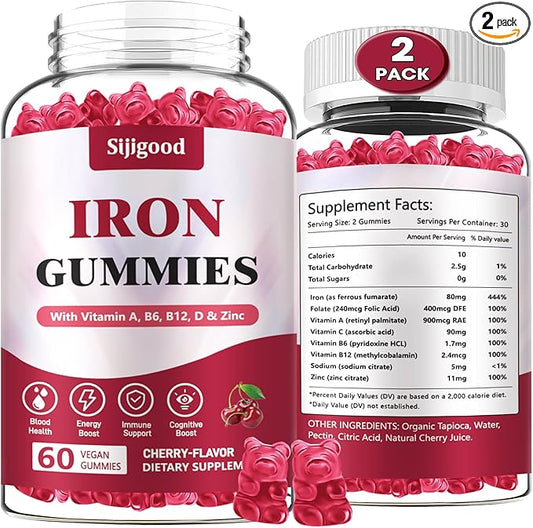 2 Pack Vegan Iron Supplement for Women, with Vitamin A, C, B6, B12, Folate and Zinc, Energy Boost, Sugar Free, No After Taste - Delicious Cherry Flavor, 120 Count