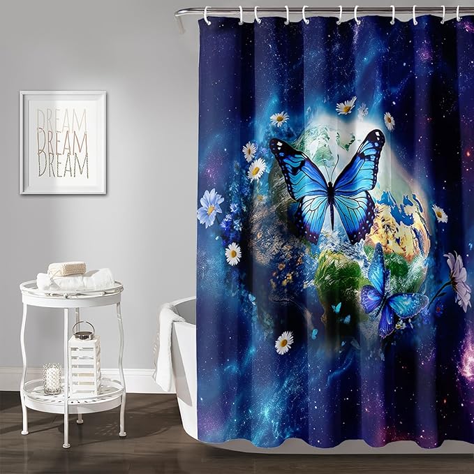 AILONEN Blue Butterfly Shower Curtain 48" W*72" H,Mystic Galaxy Earth Starry Bathroom Decor,Modern Floral Butterfly Bath Curtain Polyester Waterproof Bathroom Curtain with 12 Hooks