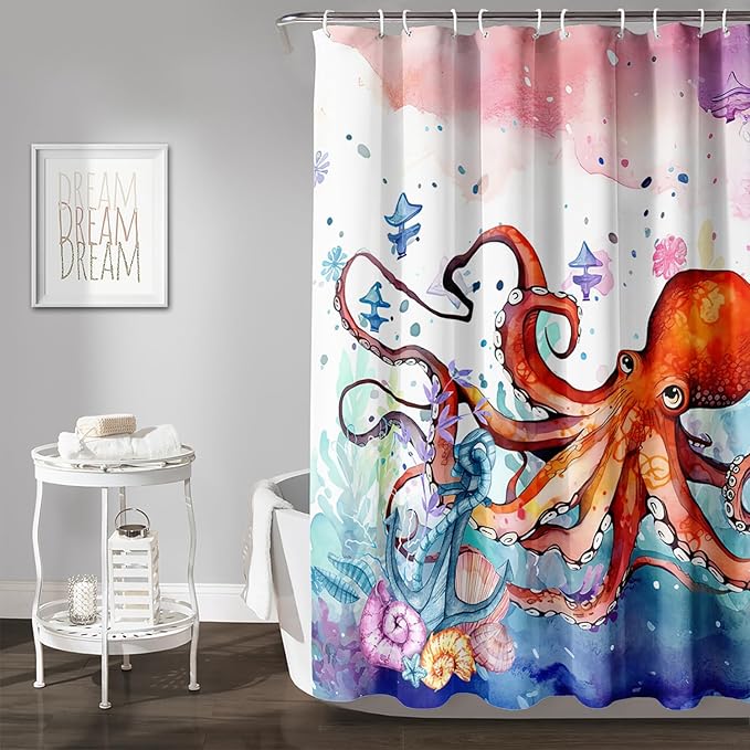 AILONEN Lovely Octopuses Shower Curtain Set, Red Cartoon Octopus Waterproof Fabric Shower Curtain for Bathroom,Watercolor Nautical Anchor Theme Cloth Bath Curtain with Hooks,72" Wx72 H