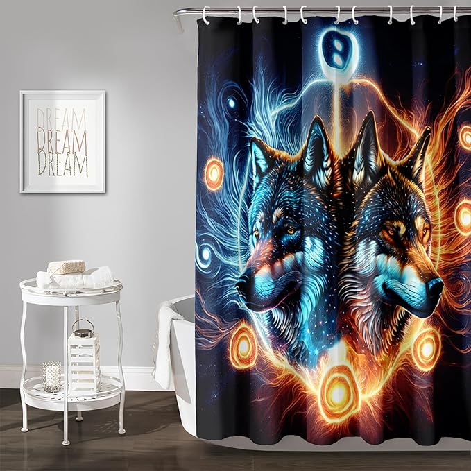 AILONEN Boys Wolf Shower Curtains, Animal Wolf Print Shower Curtain for Boys Kids Bathroom Decor,Modern Abstract Black Bath Curtain 72" W*96" H Decor with 12 Plastic Hooks