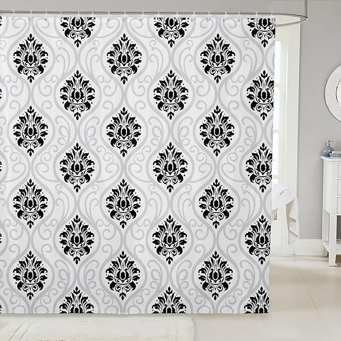 Feelyou Damask Pattern Shower Curtain 72"x78" Kids Vintage Floral Bathroom Shower Curtain Set for Boys Girls Teens Antique Victorian Baroque Bath Curtain Black White Baroque Style Bathroom Accessories