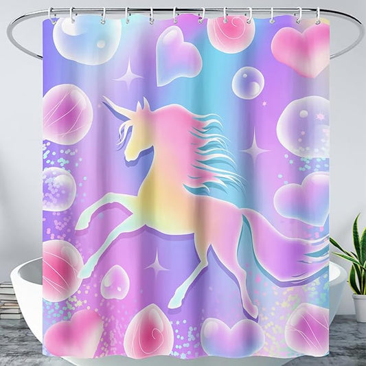 AILONEN Girls Unicorn Shower Curtain for Bathroom, Pink Hearts Rainbow Unicorn Bath Curtain,Cute Unicorn Kids Shower Curtain 48" W*72" H Polyester Waterproof Bathroom Curtain with 12 Hooks