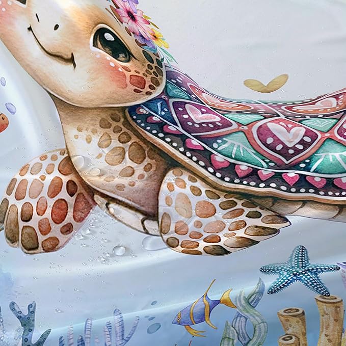 AILONEN Cartoon Sea Turtle Shower Curtain,Kawaii Ocean Sea Turtle Bath Curtain Set for Kids Girls,Ocean Flowers Bathroom Curtains,Watercolor Blue Shower Curtains for Bathroom, 48" W*72" H