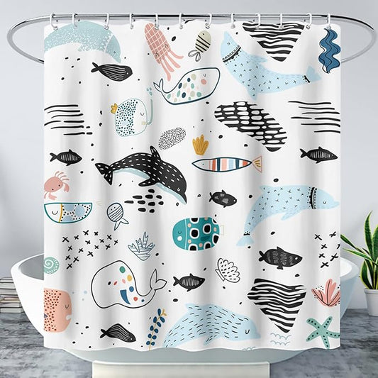 AILONEN Cute Cartoon Dolphin Shower Curtain,Kawaii Ocean Animal Dolphin Bath Curtain Set for Kids Girls Boys,Blue Dolphin Silhouette Fabric Shower Curtains for Bathroom, 48" W*72" H