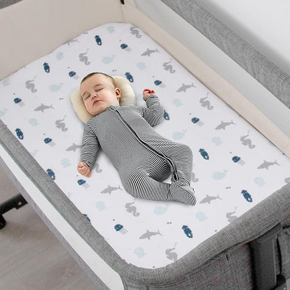 Bassinet Sheets 4 Pack Fit for Fodoss, Cloud Baby, RICUTON, Yacul, VaVaSoo Rocking, Simmons Kids Bassinet(not for Twins) and Graco Travel Lite, Ultra Soft Skin-Friendly, Aqua Dinosaurs & White Ocean