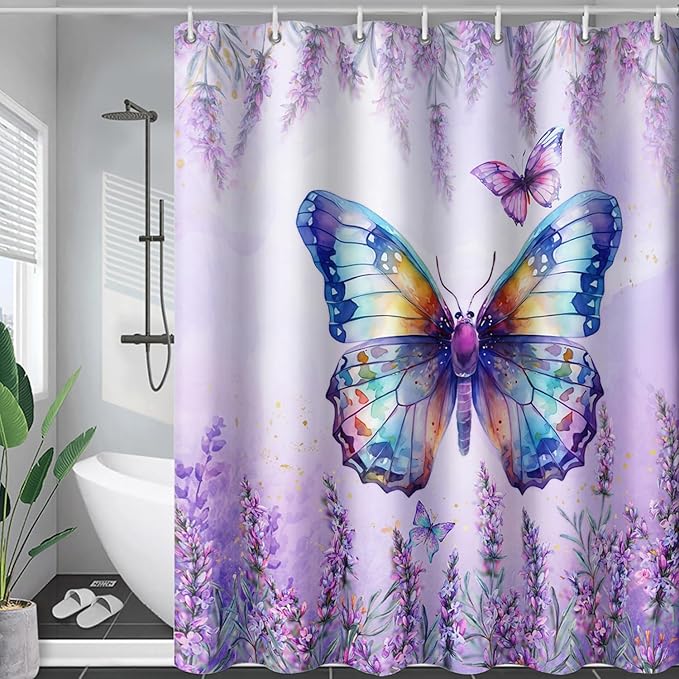 AILONEN Butterfly Shower Curtain for Bathroom, Purple Lavender Bath Curtain Decor,Flower Butterfly Waterproof Shower Curtain with 12 Plastic Hooks (Kids/Girls/Women/Teens) 48" W*72" H