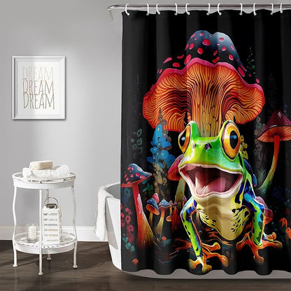 AILONEN Cartoon Tree Frog Shower Curtain,Magic Mushroom Shower Curtain Set for Bathroom for Kids Girls,Boho Style Waterproof Bath Curtain,Tropical Amphibian Bathroom Curtain with Hooks, 72" W*72" H